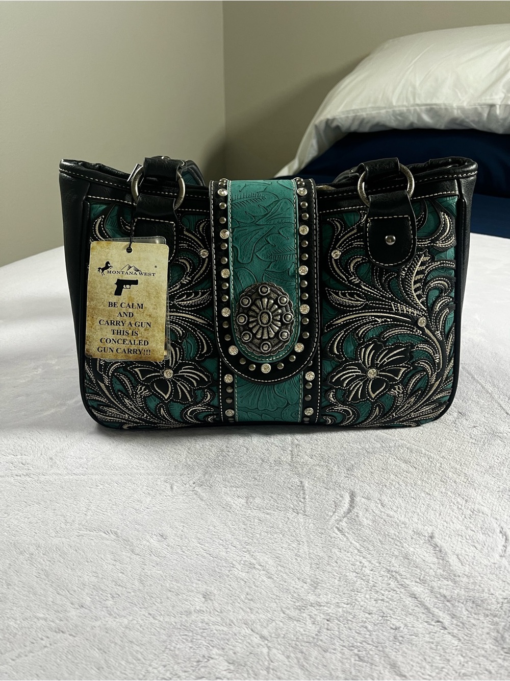 Montana West Trinity Ranch Teal Tooled Concealed-Carry Handbag NWT